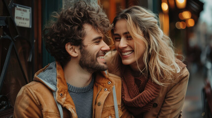 Fototapeta premium A man and a woman are smiling at the camera. They are dressed warmly and are standing outside