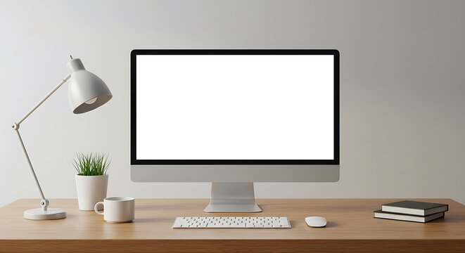 A minimalist workspace featuring a computer monitor, desk lamp, and decorative elements.