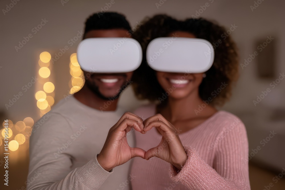 Poster a joyful couple using virtual reality headsets creating a heart shape with their hands surrounded by