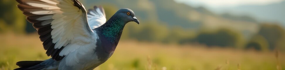 Close-up of pigeon wings, blurred background of landscape , competition, bird photography, fast