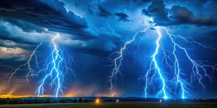 Electric blue lightning bolts illuminate a dark and stormy sky with vibrant yellow flashes , atmospheric lightning, bright light