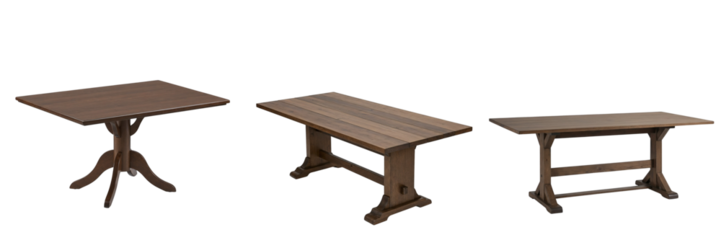 Wooden dining tables in various designs and shapes, set on a transparent background  