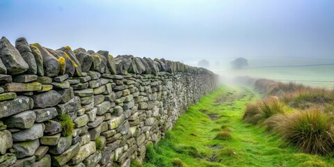 A weathered stone wall stands alone on a misty morning, its gray stones worn smooth by time and weather , ancient stones, fading daylight