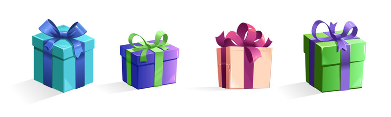 Cartoon Christmas and birthday holiday gift boxes.