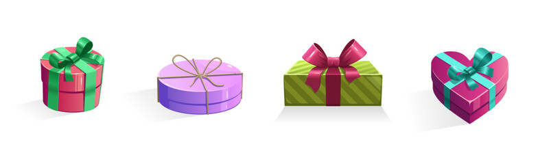 Cartoon Christmas and birthday holiday gift boxes.