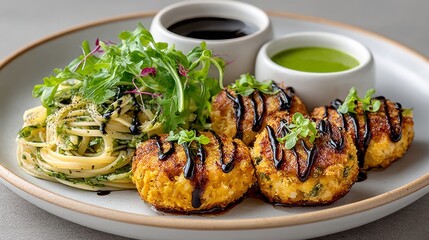 Plate of food with a variety of items including pasta, meatballs