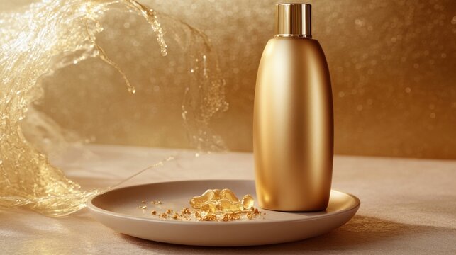 Golden elixir bottle presented as a luxurious treasure promising youthful radiance featuring warm