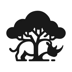 Design a clever minimalist black-and-white logo using negative space to reveal a rhino within a tree shape