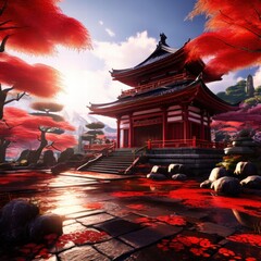 an AI Image Generator, Japanese Temple With Vibrant Red Maple Trees
