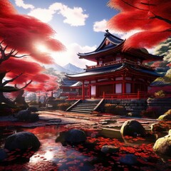 an AI Image Generator, Japanese Temple With Vibrant Red Maple Trees