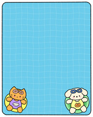 고양이와 강아지가 튜브를 타고 있는 수영장 배경 일러스트 © titi.drawing