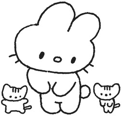 토끼와 두 마리 고양이가 함께 있는 귀여운 손그림