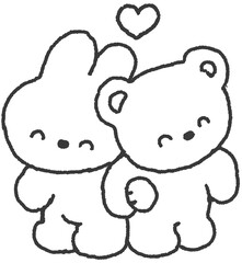 토끼와 곰이 나란히 붙어 있는 귀여운 손그림 일러스트
