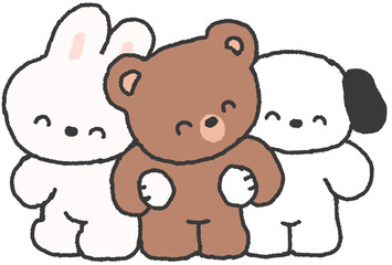 토끼 곰 강아지가 함께 웃고 있는 귀여운 손그림 일러스트