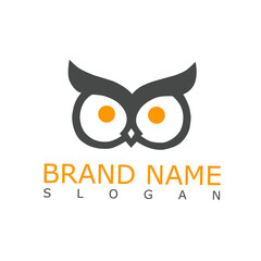 Modern owl logo with bold orange eyes and stylized wings, representing wisdom, vision, and intelligence—ideal for educational, tech, or creative branding