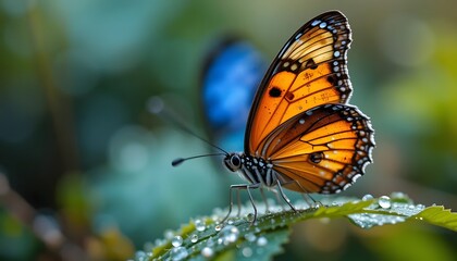 Obraz premium Macro Photo of Vibrant Butterfly with Dewdrops on Wings in Natural Setting