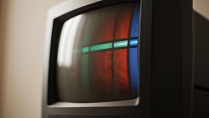 Old-school CRT monitor showing distorted glitch screen with RGB color bleed. Vintage aesthetic of analog tech and VHS vibes. Generative AI.