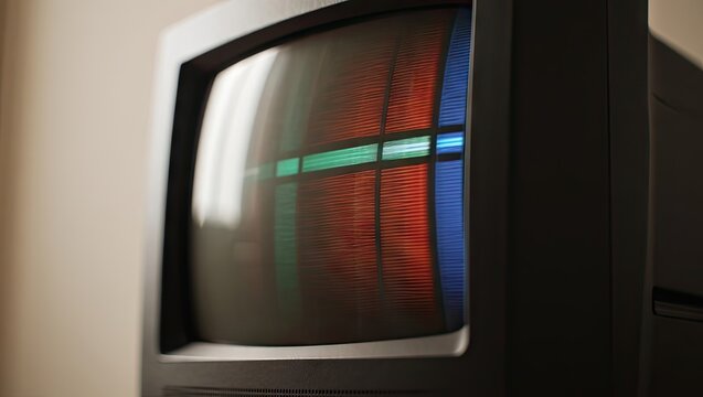 Old-school CRT monitor showing distorted glitch screen with RGB color bleed. Vintage aesthetic of analog tech and VHS vibes. Generative AI.
