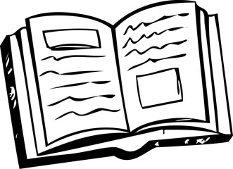 Hand-drawn open book illustration in black and white, ideal for education, design, coloring books, or children’s materials.
