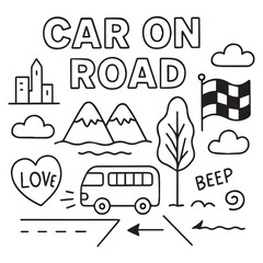 Hand drawn sketch with collection of elements for city landscape: weather icons with car, cloud and building, tree, hill and text car on road. Vector illustration.