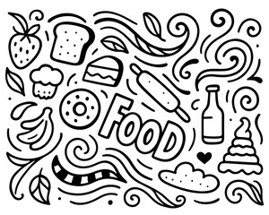 Hand-Drawn Food Doodle Illustration in Black and White Style