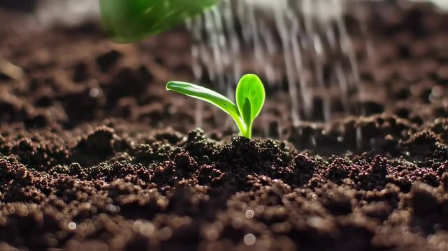 sprouts are watered using a flower watering can