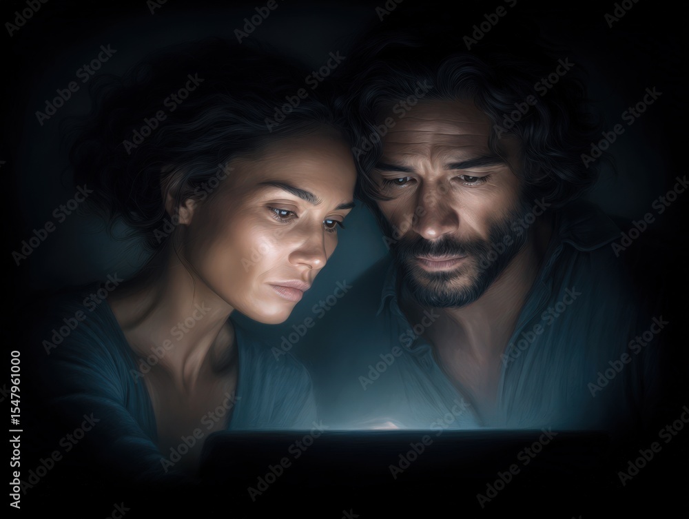 Poster engaged couple absorbed in digital content illuminated by soft glow capturing intimate moment of sha