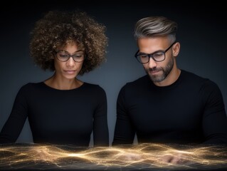 Engaged professionals collaborating on innovative digital project with futuristic visualizations discussing technology and emerging trends in a dark modern workspace embodying creativity and