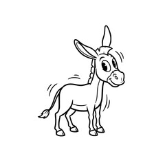 Cartoon donkey standing upright with curious expression, outlined in black and white sketch. Vector Illustration