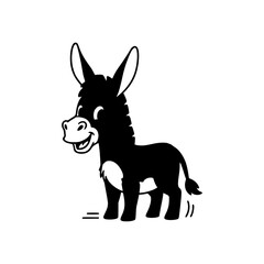 Funny cartoon donkey shaking its body joyfully with cheerful face in black line sketch. Vector Illustration