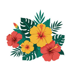 Tropical Hibiscus Flower Bouquet with Red and Yellow Blossoms and Green Palm Leaves on White Background