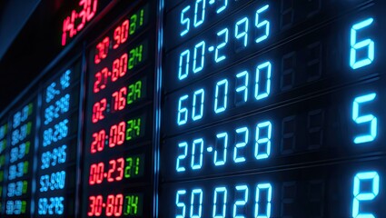 A close-up of an LED display panel showing changing stock market data in bright blue and red numbers. The digital board evokes finance, speed, and electronic energy. Generative AI.