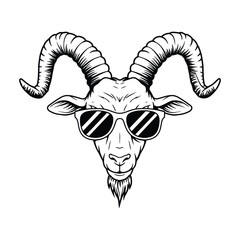 Cool Goat Head Illustration Wearing Sunglasses – Black and White Hipster Animal Design