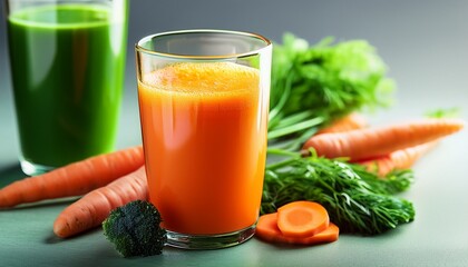 freshly made carrot and green juice in glass healthy drink orange and green colors lifestyle