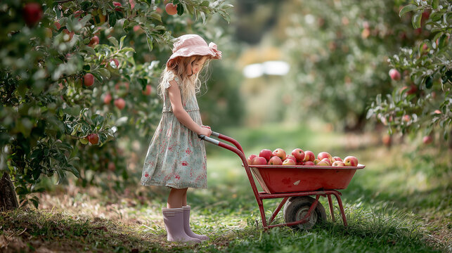 Girl harvesting apples in orchard