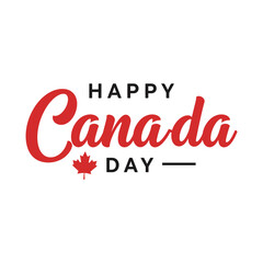 Modern Calligraphy Style Happy Canada Day Text with Red Maple Leaf Icon on White Background