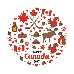 Happy Canada Day Circle Illustration with Icons of Maple Leaf, Moose, Squirrel, Flag, and Traditional Symbols