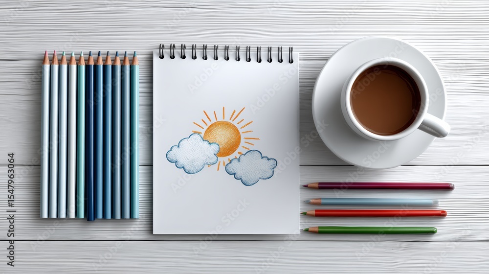 Poster notebook with a drawing of a sun and clouds on it. a cup of coffee is next to the notebook