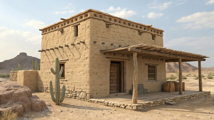 "Create an architectural study of a rural desert mud-brick dwelling, capturing its weathered texture, functional form, and quiet desert surroundings with a touch of historical charm."
