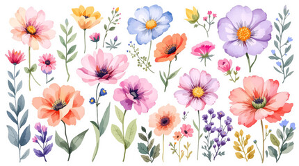 Colorful spring flowers watrecolor, Set Flower watercolor
