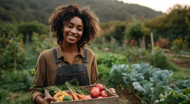 Smiling woman holding vegetable harvest