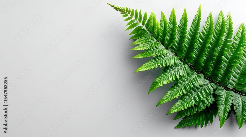 Poster Leafy green fern is the main focus of the image. The leaf is large and has a distinct shape, with a pointed tip and a slightly curved edge. The fern is placed on a white background
