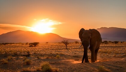 african elephant in the desert at sunset wide landscape shot