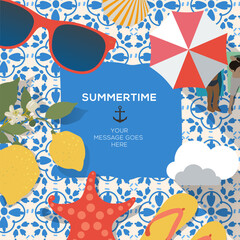Summertime vacation template with beach summer accessories on Mediterranean tiles. Yellow lemons, beach umbrella, seashell, starfish, sunglasses, mediterranean seashore picnic retro coastal 