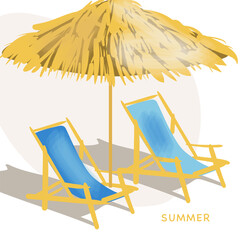 Summer poster or card. Mediterranean beach loungers with umbrella. Elegant watercolor style vector illustration