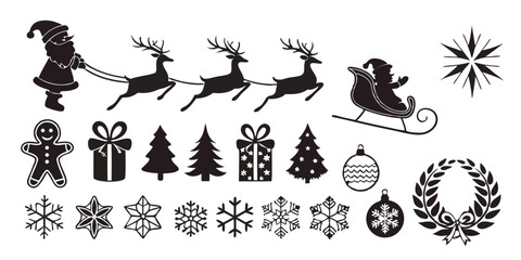 Festive Christmas Icons in Black Silhouette Style