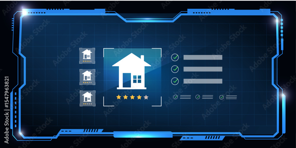 Poster modern property search user interface with futuristic hud display and real estate icons in smart tec