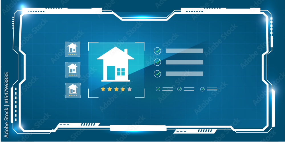 Poster modern property search user interface with futuristic hud display and real estate icons in smart tec