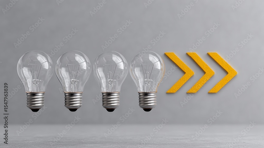 Aufkleber four light bulbs are lit up and one is pointing to the right. concept of progress and moving forward