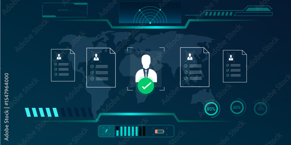 Poster human resources tech visualization featuring recruitment process in a sci-fi hud interface backgroun